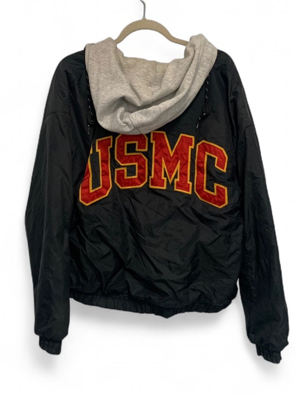 USMC Black Windbreaker Jacket with Gray Hood